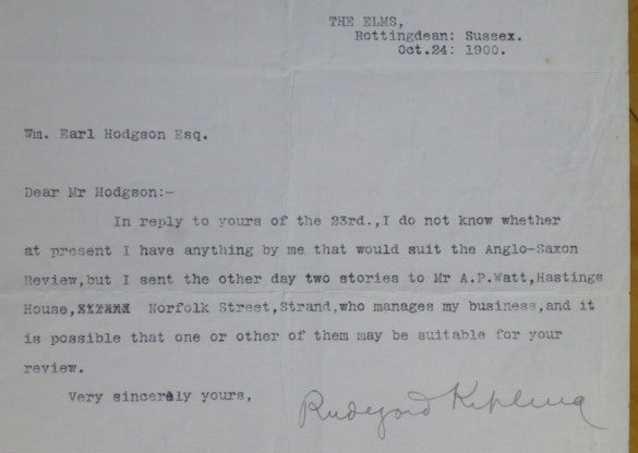 Item #14454 Typed Letter Signed, to "Wm. Earl Hodgson Esq." Rudyard Kipling.