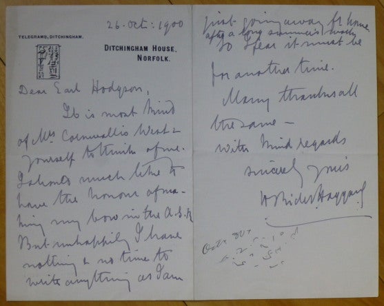 Item #14455 Autograph Letter Signed, to "Dear Earl Hodgson" H. Rider Haggard.