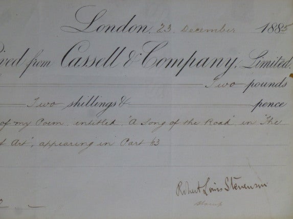 Item #14487 Publisher's Receipt Signed -- for "A Song of the Road" Robert Louis Stevenson.