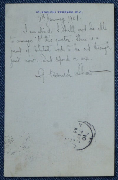 Item #14491 Autograph Post Card Signed, to "Wm. Earl Hodgson Jr." G. Bernard Shaw.