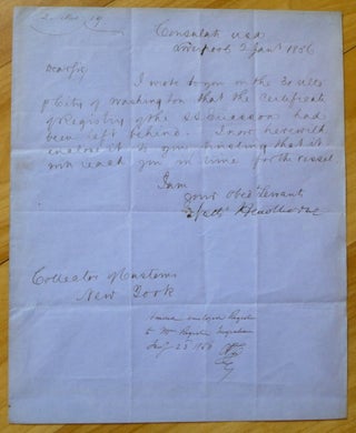 Autograph Letter signed ("Nath' Hawthorne"), to "Dear Sir" ("Collector of Customs / New York").