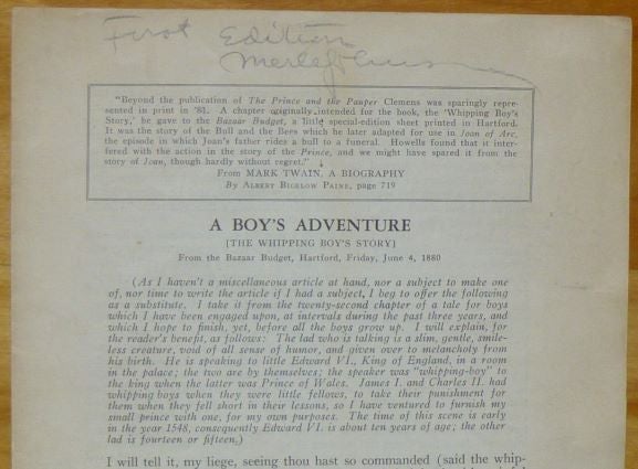 Item #14784 A BOY'S ADVENTURE [The Whipping Boy's Story]. Mark Twain.