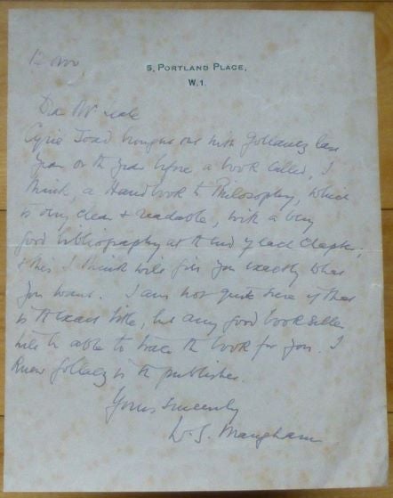 Item #14922 Autograph Letter Signed. W. Maugham, omerset.