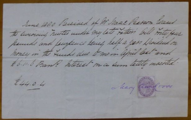 Item #15177 Receipt signed ("Mary Ann Cross") for funds received from her father's estate. George Eliot.