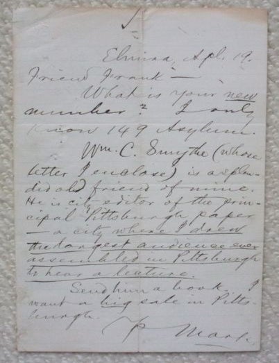 Item #15460 Autograph Letter Signed ("Mark") to "Friend Frank [Bliss]". Mark Twain.